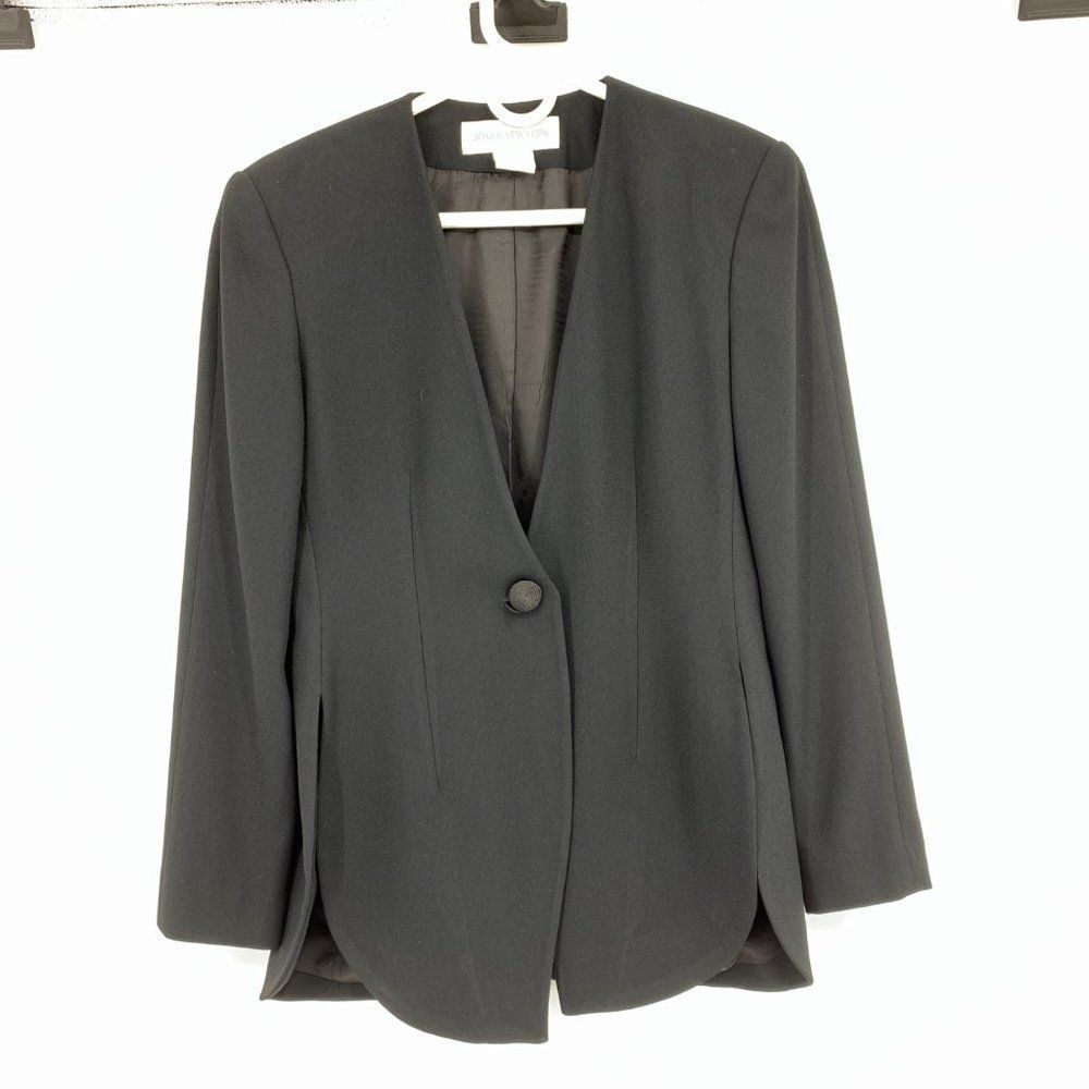 Jones NY Black Rounded Hem blazer jacket Size 4 Slits 2421 Career Womens 2421